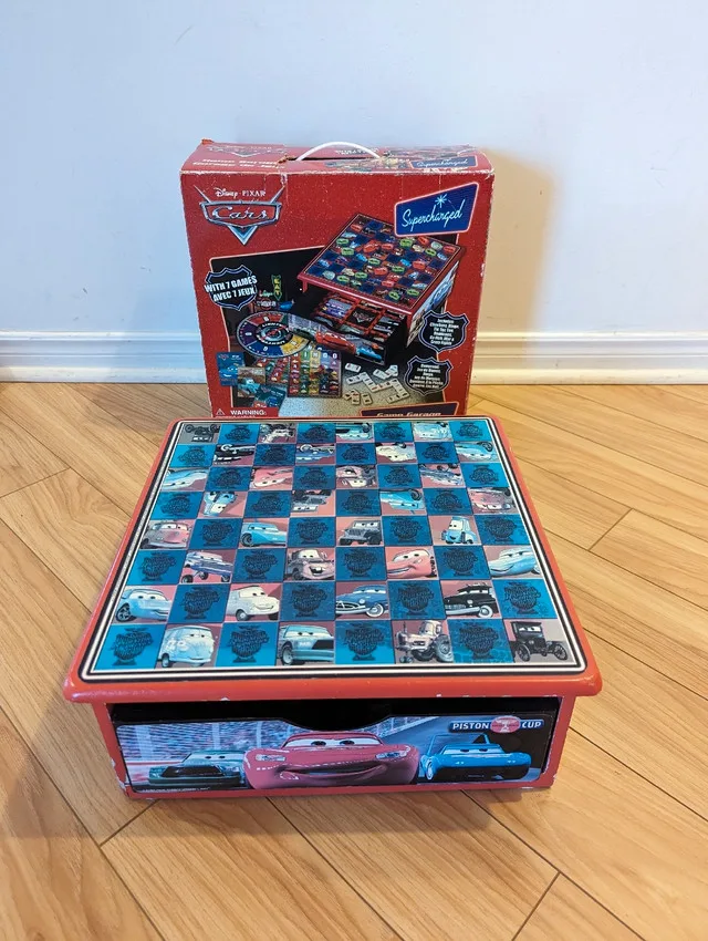 USED Disney Lightening McQueen car garage games / Wooden Stool thumbnail