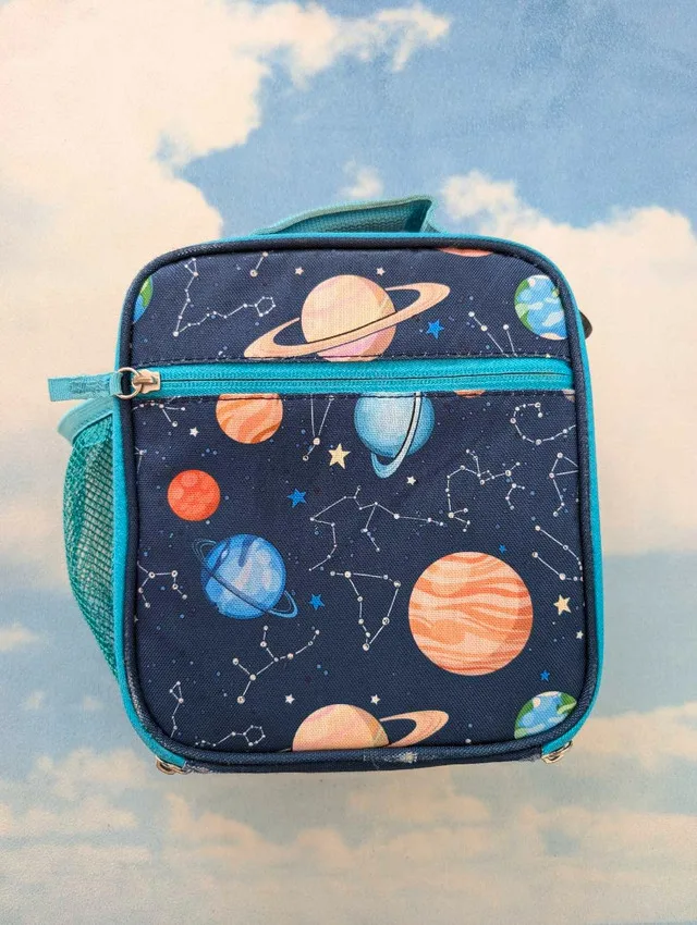 Gently used lunch box for kids, fun space themed thumbnail