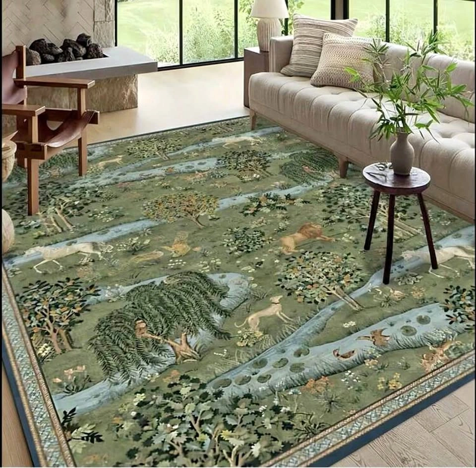 Green Velvet Area Rug - Garden/Baroque Design (140x200 cm)