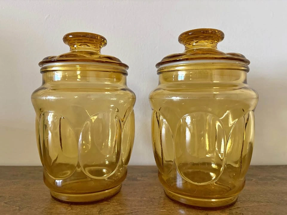 Vintage LE Smith Amber Glass Thumb Print Canisters Set Of 2 MCM