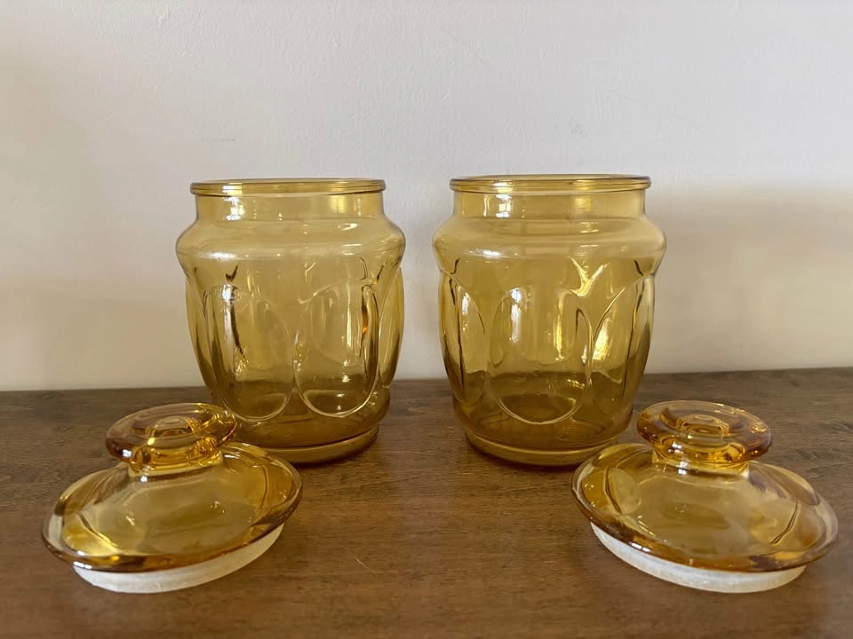 Vintage LE Smith Amber Glass Thumb Print Canisters Set Of 2 MCM - photo 2