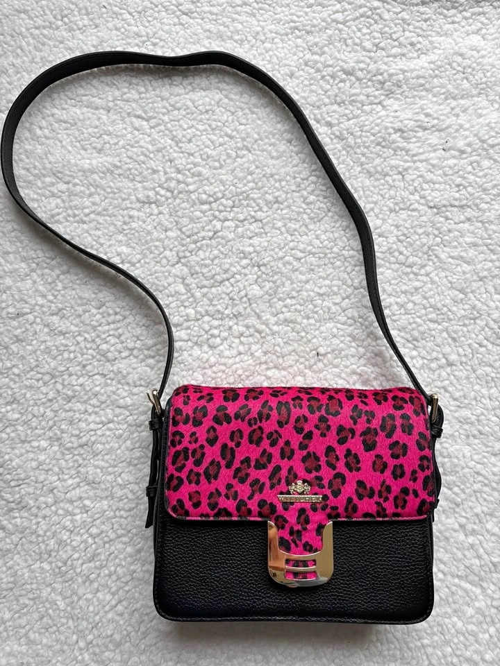 Designer Wittchen Black Genuine Leather Bag w/ Pink Leopard Prin
