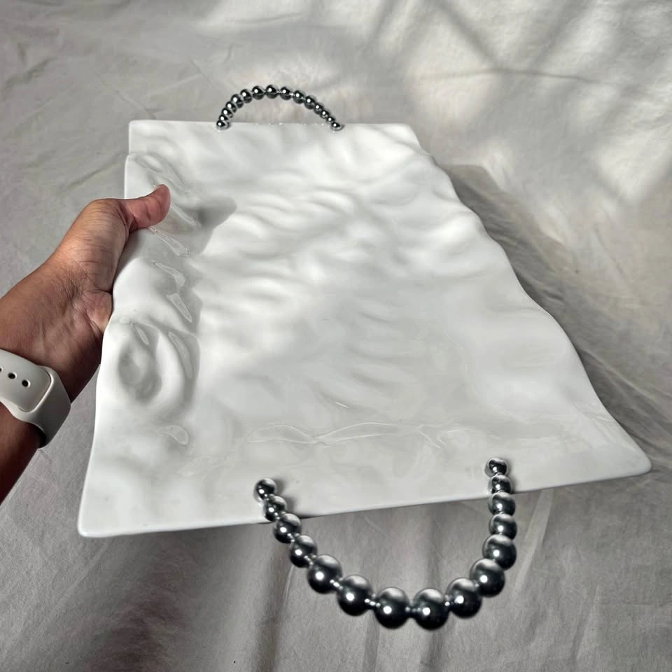 10 Strawberry Street White Tray w/ Silver Bubble Handles
