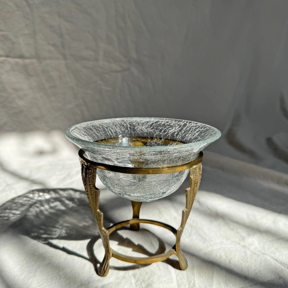 Vintage Crackled Glass Potpourri Bowl with Brass Stand