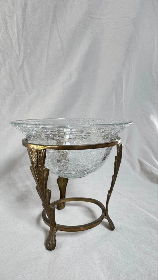 Vintage Crackled Glass Potpourri Bowl with Brass Stand - photo 4