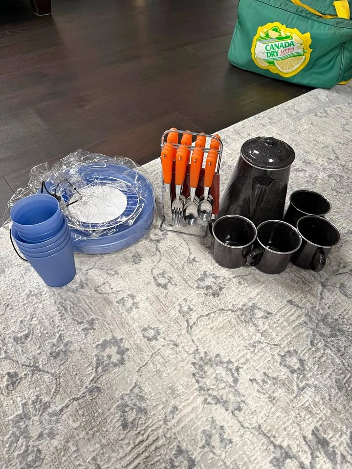 Camping items, cutlery set, cups, dishes