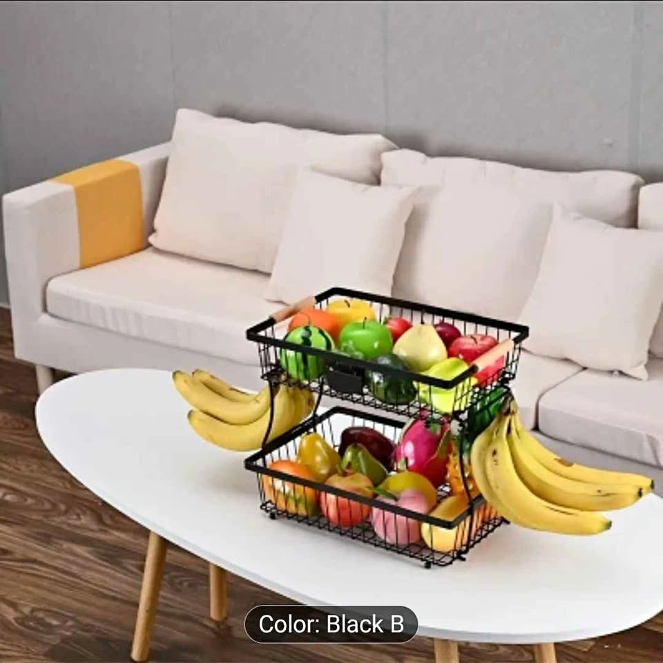 2-Tier Metal Fruit Basket w/ Banana Hooks