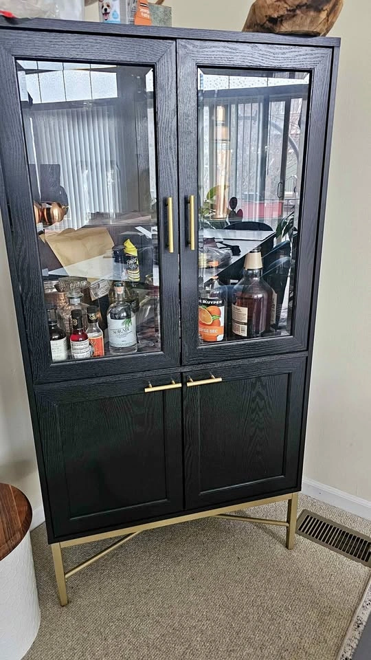 Modern Black & Gold Bar Cabinet with Glass Doors – 58” Tall