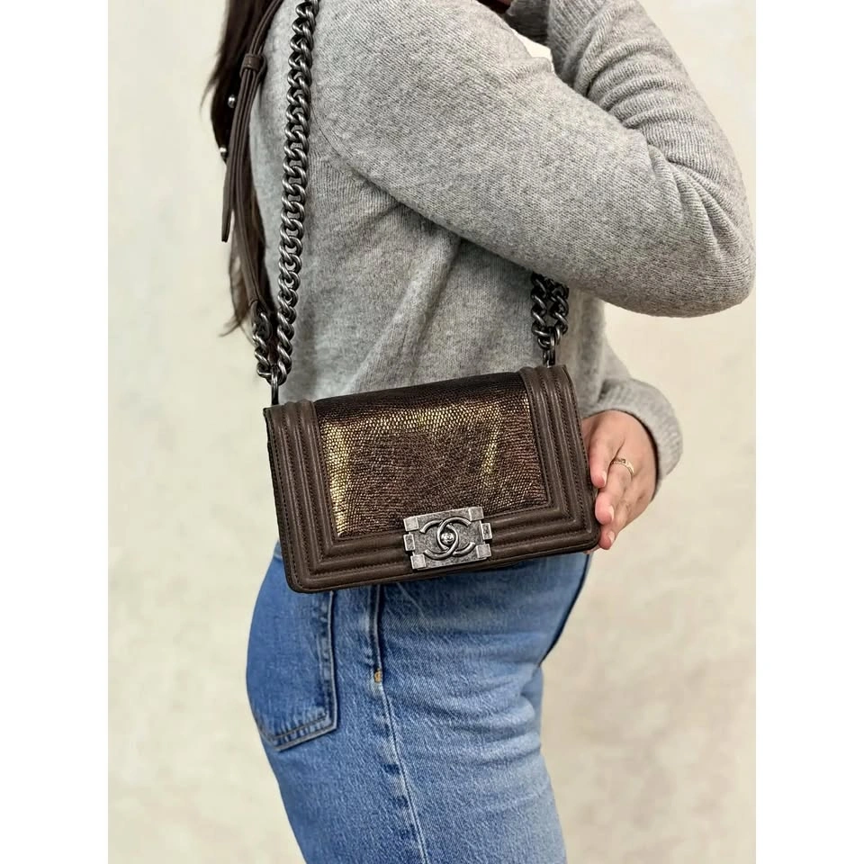 Chanel Lizard Metallic Quilted Brown Leather Small Boy Flap Bag