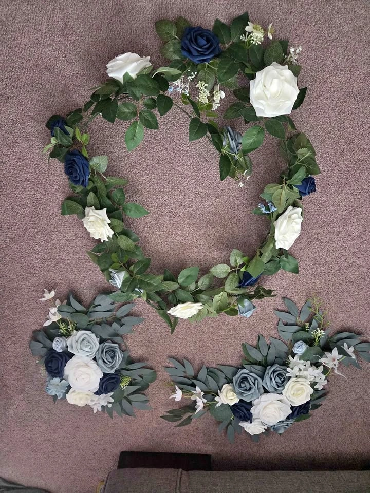 3-Piece Wedding Flower Decor Set – Navy, Dusty Blue & White Rose