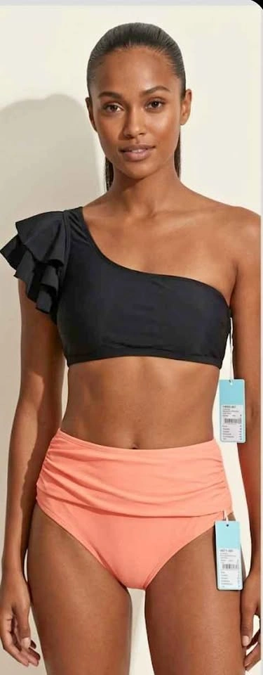NWT Mix & Match Bikini Set - Black One-Shoulder Top & Peach Bott