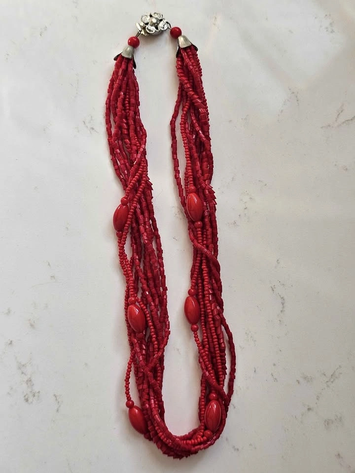 Vintage Multi-Strand Red Glass Bead Necklace - 16"