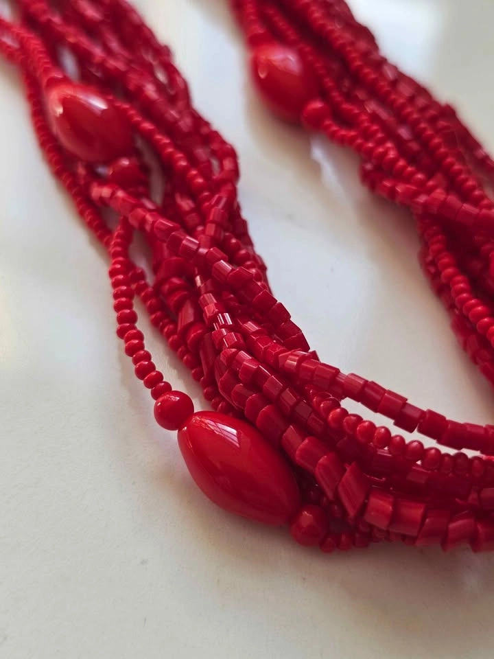 Vintage Multi-Strand Red Glass Bead Necklace - 16" - photo 2