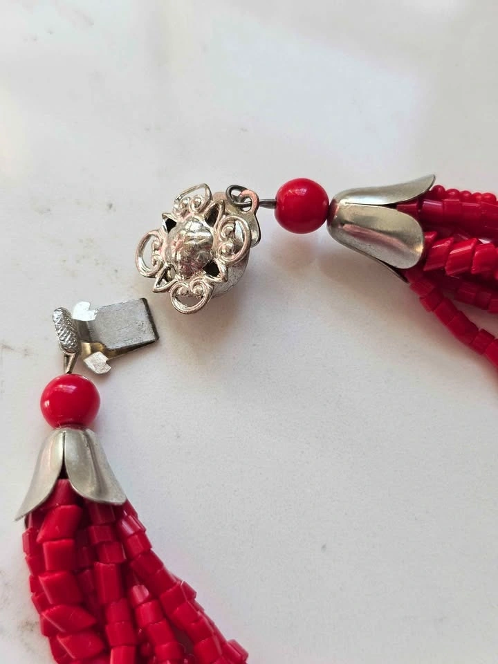 Vintage Multi-Strand Red Glass Bead Necklace - 16" - photo 4