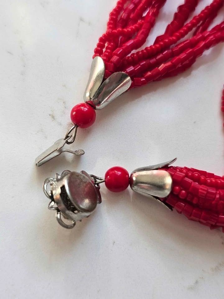 Vintage Multi-Strand Red Glass Bead Necklace - 16" - photo 5