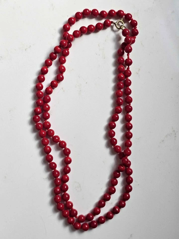 Vintage Hand-Knotted Red Glass Bead Necklace - 30"