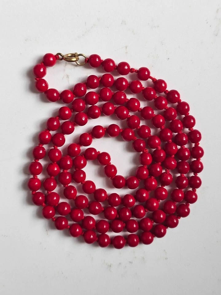 Vintage Hand-Knotted Red Glass Bead Necklace - 30" - photo 2
