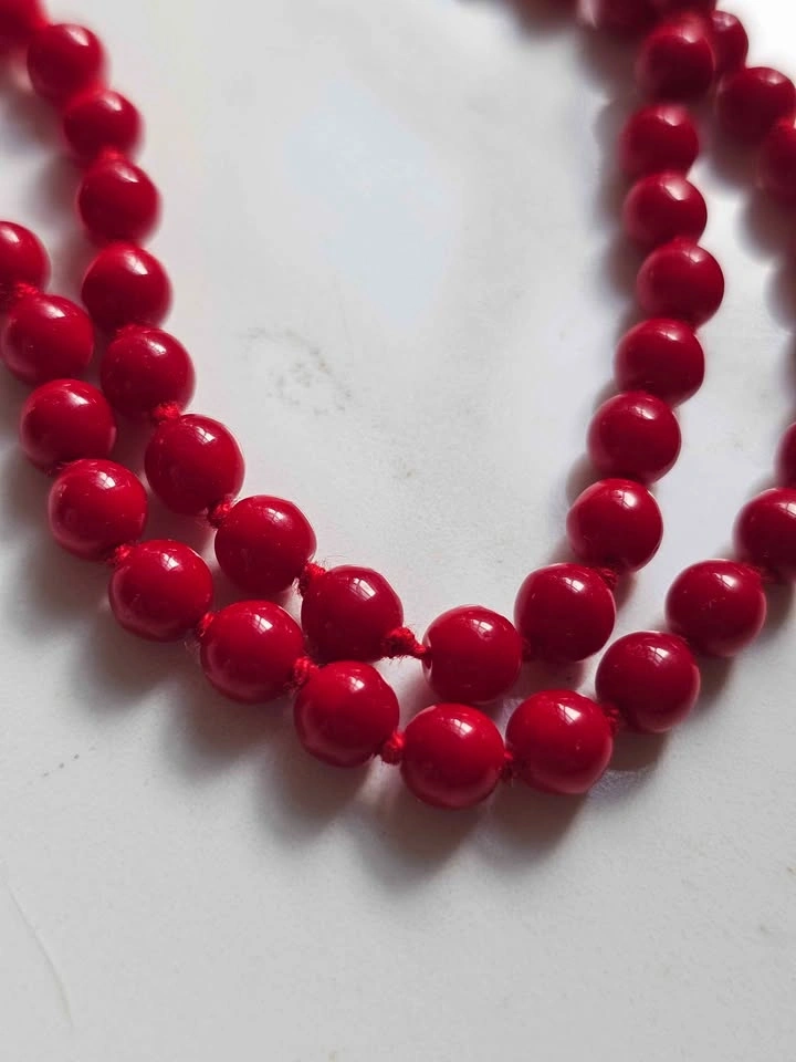 Vintage Hand-Knotted Red Glass Bead Necklace - 30" - photo 5
