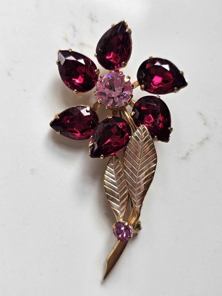 Vintage Ruby Red & Pink Floral Brooch - Prong Set - MCM