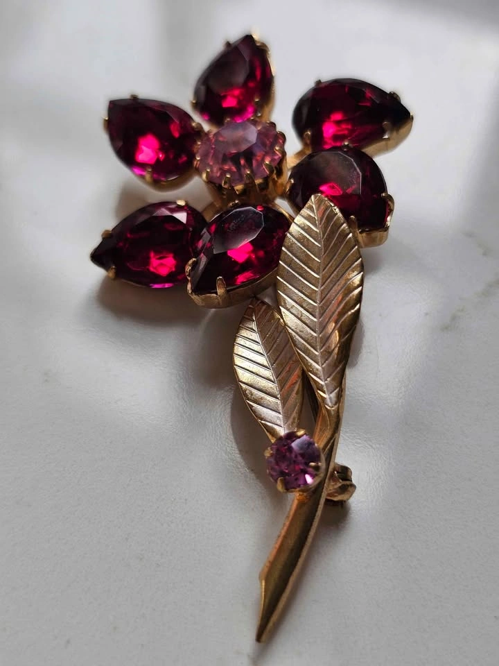 Vintage Ruby Red & Pink Floral Brooch - Prong Set - MCM - photo 2