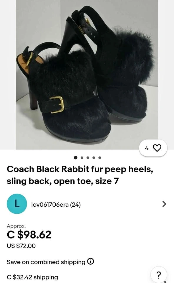 Coach Black Fur Slingback Peep Toe Heels Size 7