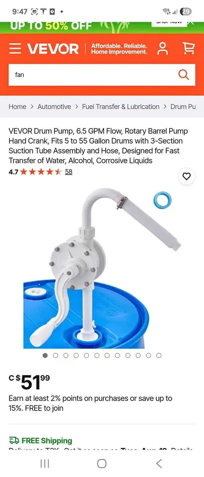 VEVOR Drum Pump, 6.5 GPM Flow, Rotary Barrel Pump