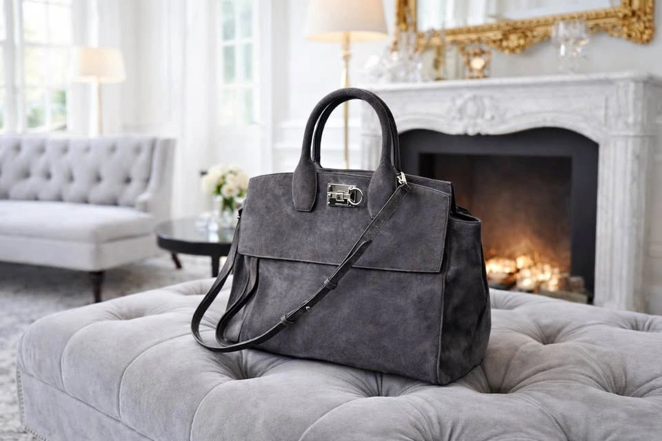 Salvatore Ferragamo Suede Gancini Handbag in Storm Grey