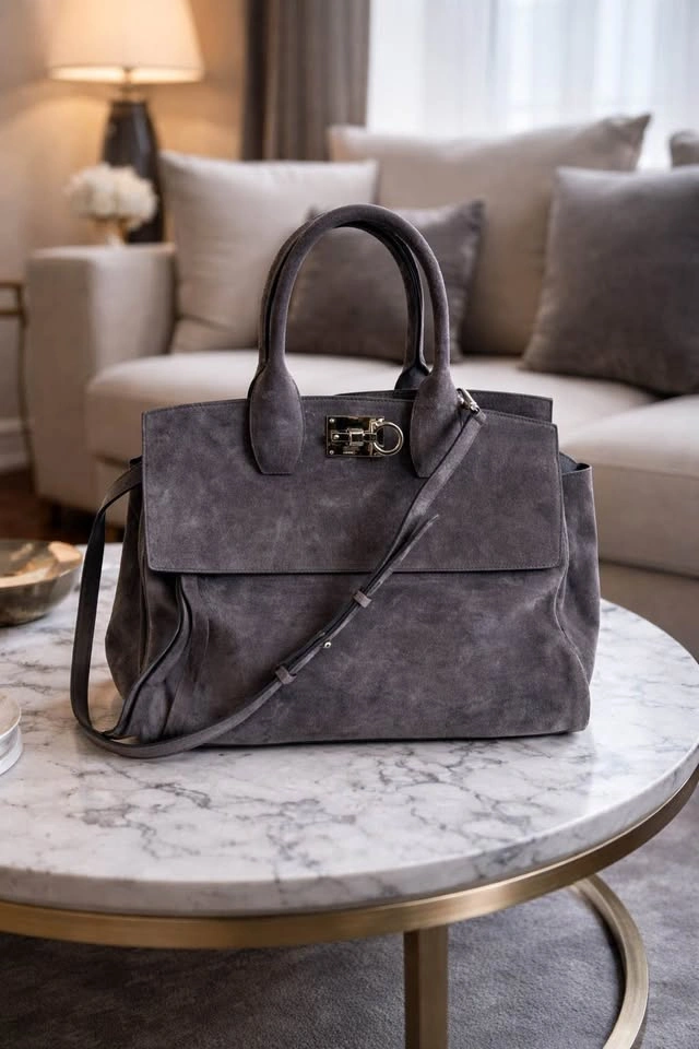 Salvatore Ferragamo Suede Gancini Handbag in Storm Grey - photo 2