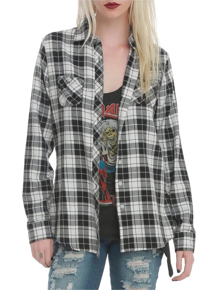 Hot Topic Women’s Black & White Skull Plaid Shirt Size L - photo 2