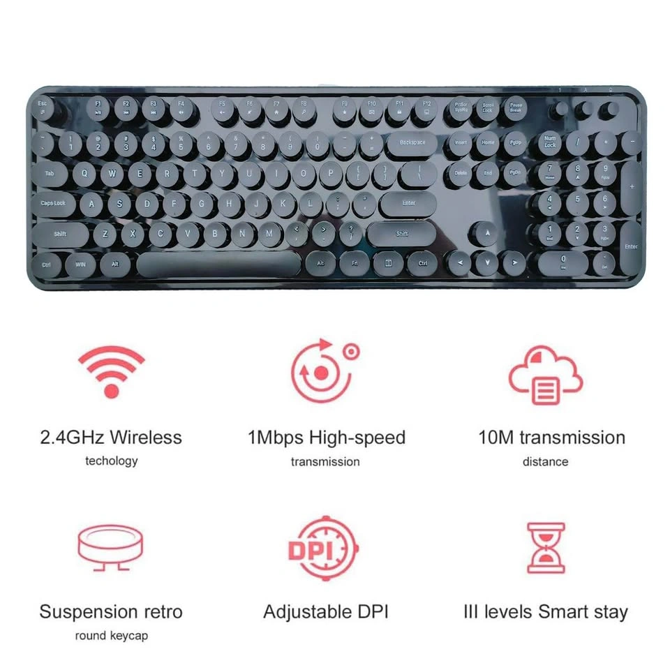 Wireless Keyboard & Mouse Combo – Retro Typewriter Style – Black - photo 2