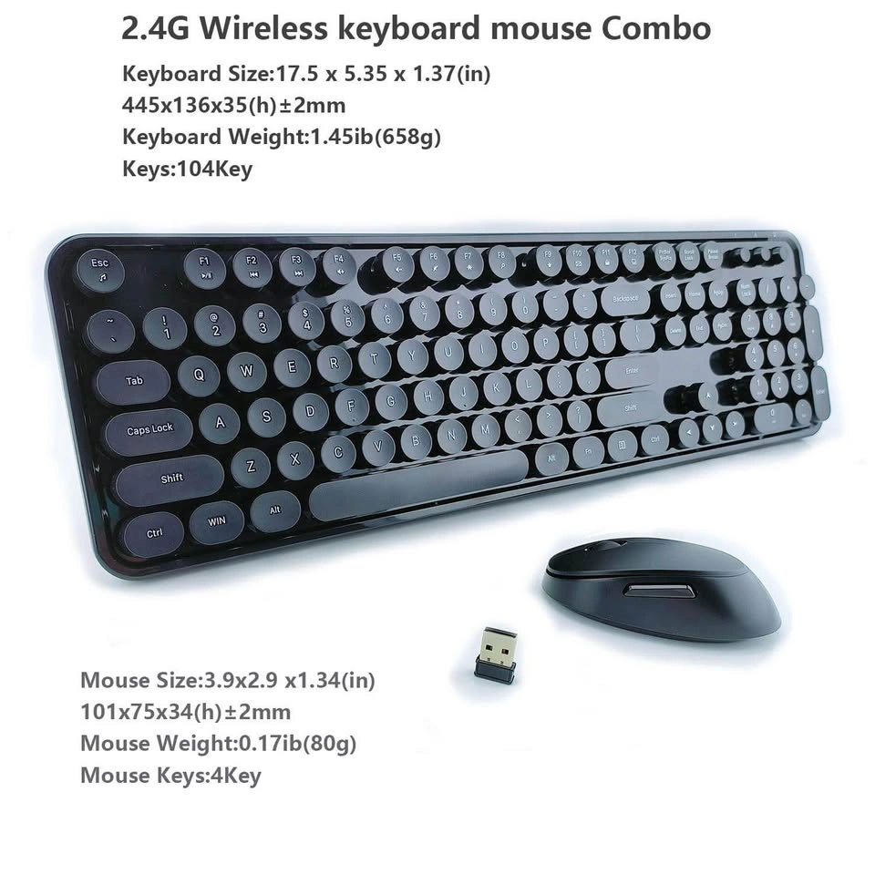 Wireless Keyboard & Mouse Combo – Retro Typewriter Style – Black - photo 4