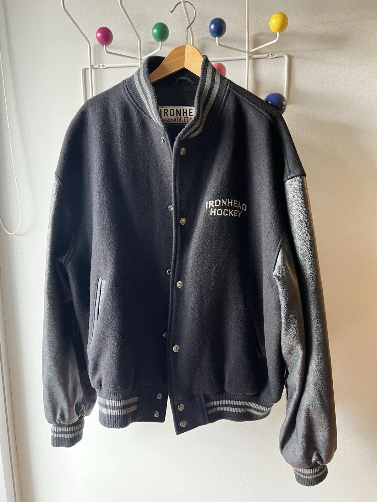 Gently Used Ironhead Wool Bomber w/Leather Sleeves, Black