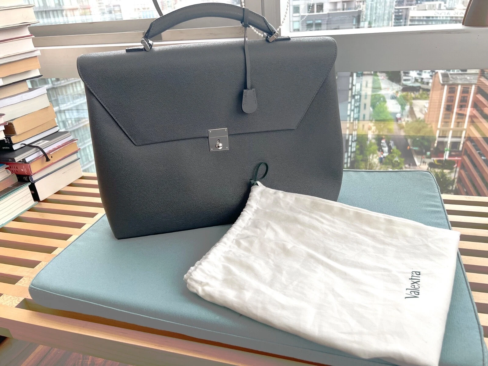 Valextra Avietta Briefcase w/Flap & 24h Zipper, Smokey Grey, New