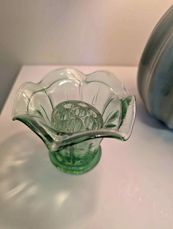 Vintage Green Glass Flower Frog
