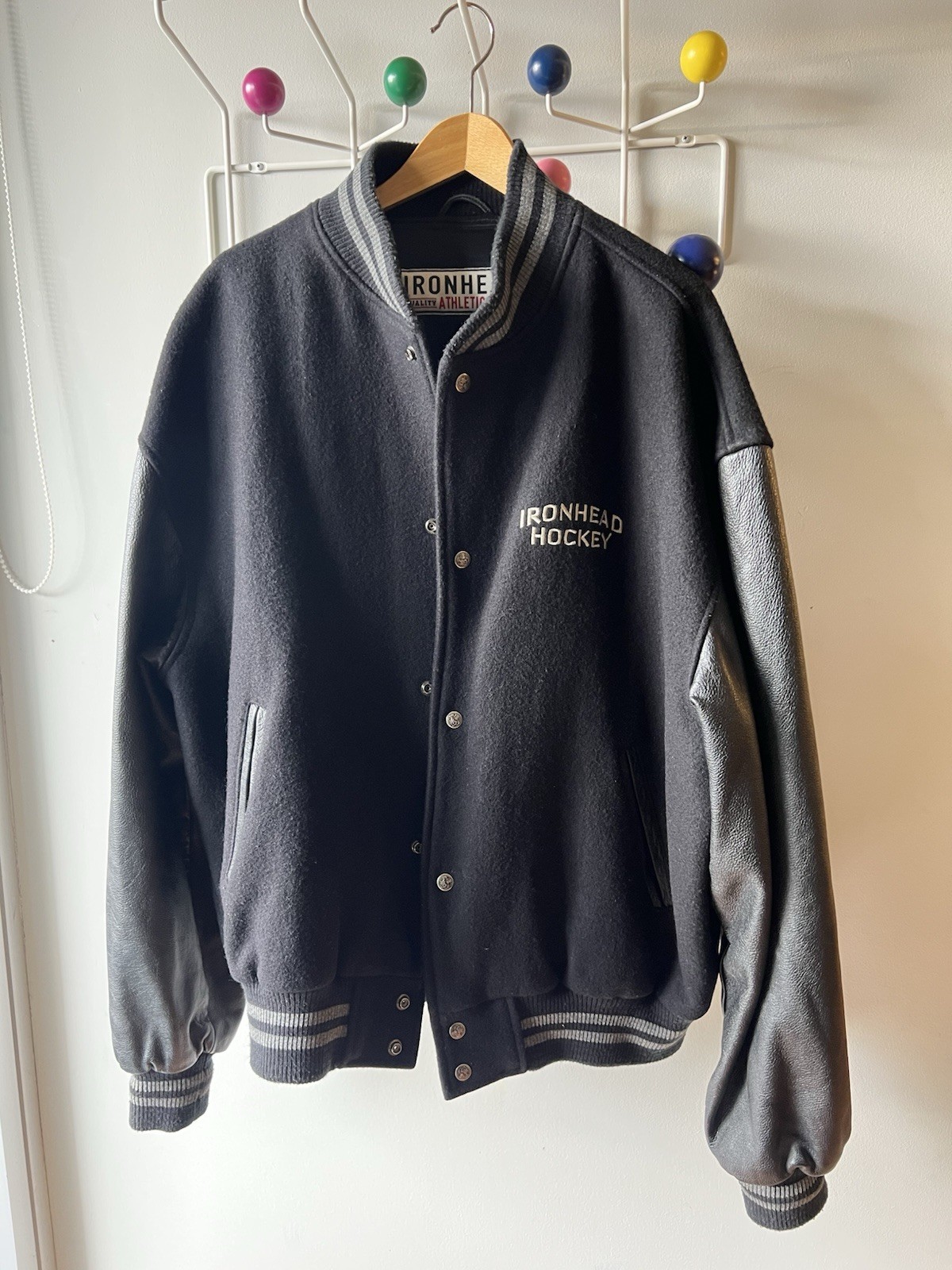 Gently Used Ironhead Wool Bomber w/Leather Sleeves, Black
