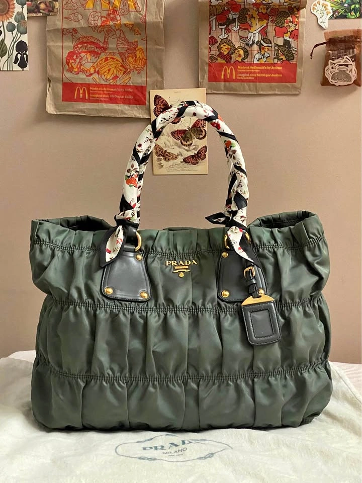 Authentic Prada Tessuto Gaufre Ardesia Olive Green Gold