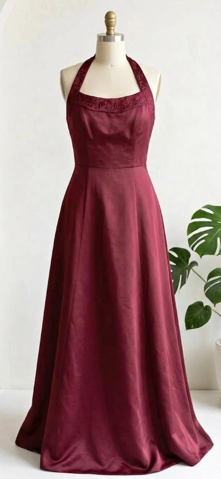 Mori Lee Burgundy Embroidered Halter Bridesmaid Gown Prom Dress