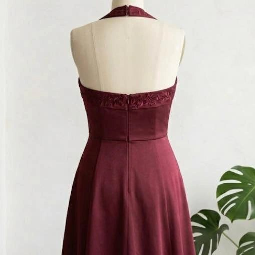 Mori Lee Burgundy Embroidered Halter Bridesmaid Gown Prom Dress - photo 3