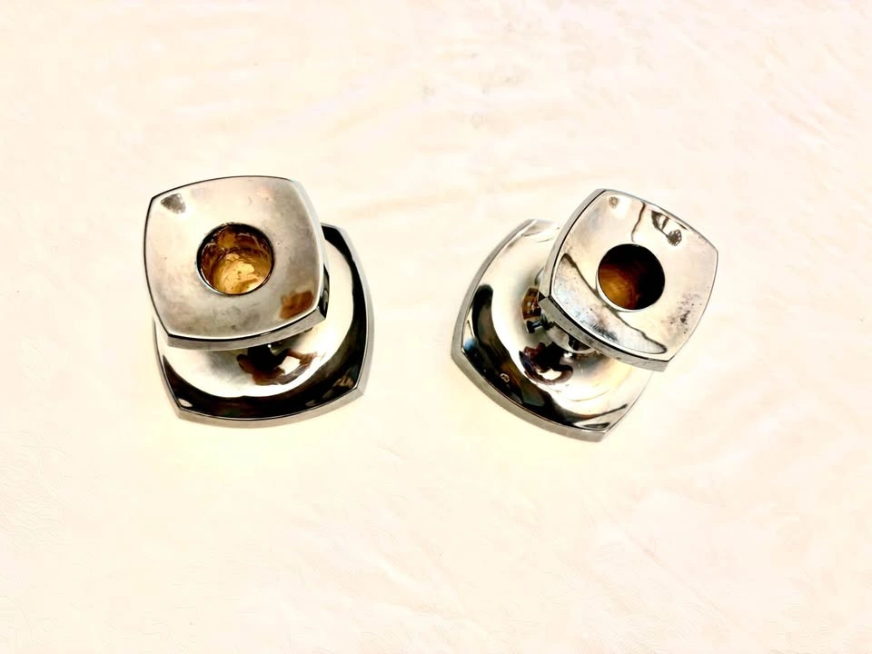 Pair of sleek silver tone candle holders - photo 2