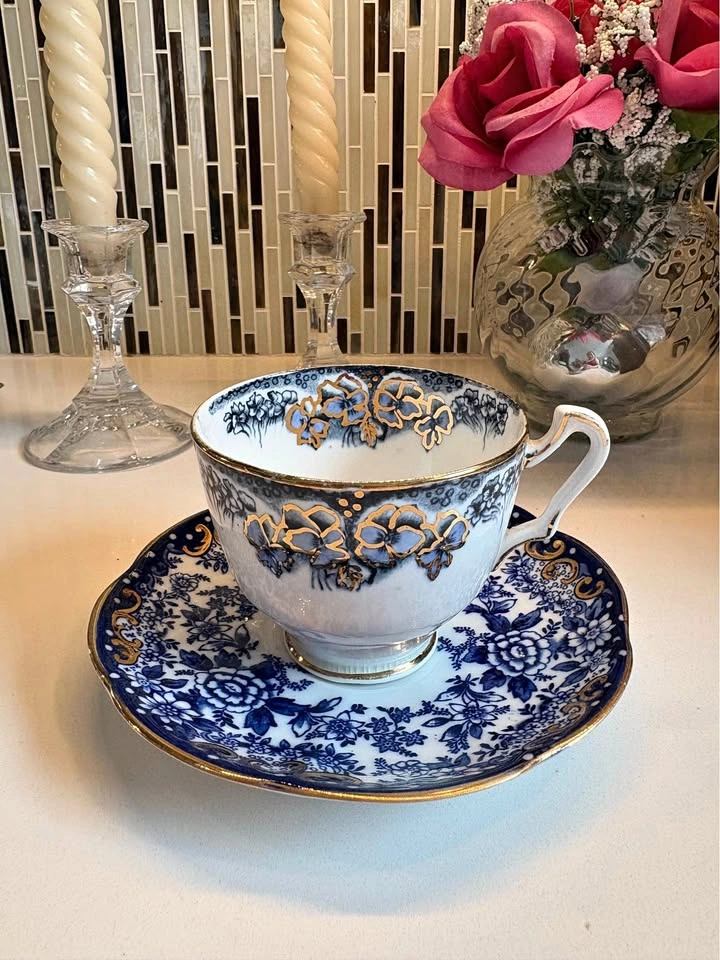 Court China Blue & White Gold Trim Teacup & Saucer