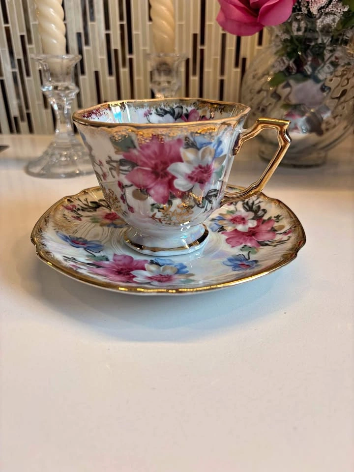 Castle China Floral Teacup and Saucer Set Gold Trim Vintage