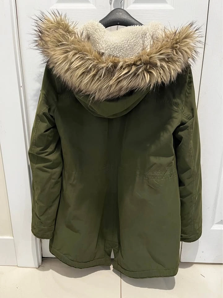 Hollister Olive Green Parka Jacket Faux Fur Hood Sherpa Lined, M - photo 2