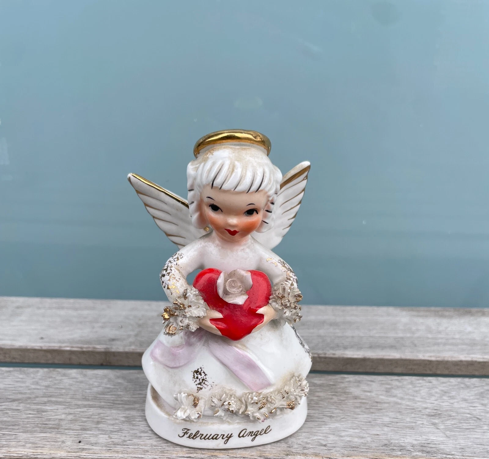 Vtg NAPCO February Angel Figurine Spaghetti Ceramic A1362