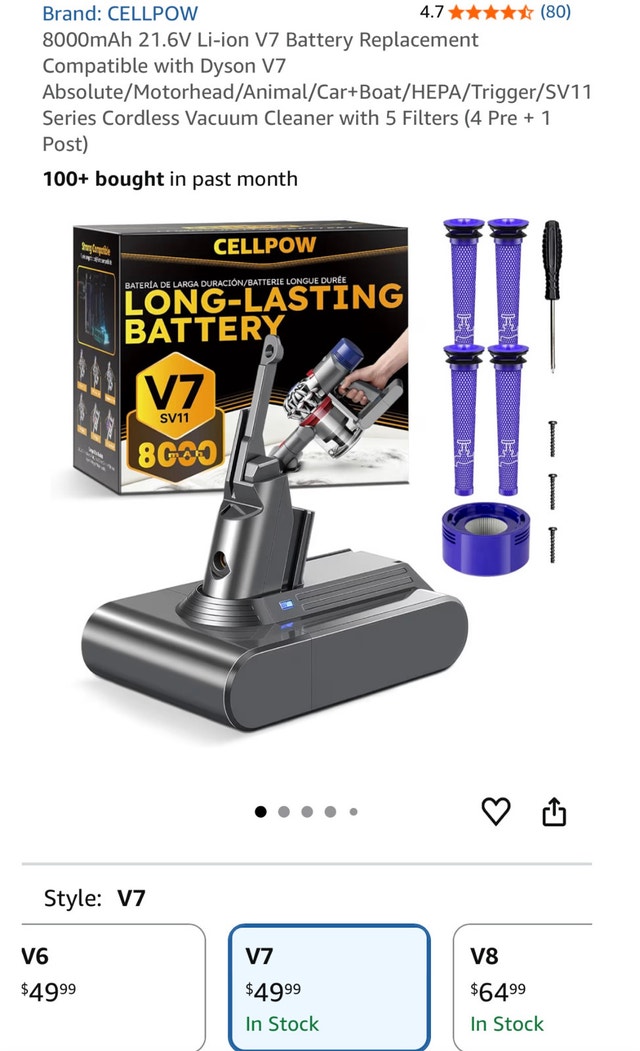 CELLPOW V7 8000mAh Battery for Dyson V7 Vacuum + Filters