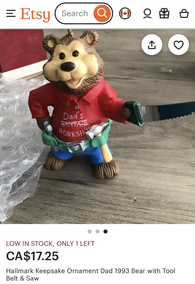 Hallmark Keepsake Ornament Dad 1993 Bear with Tool Belt & Saw