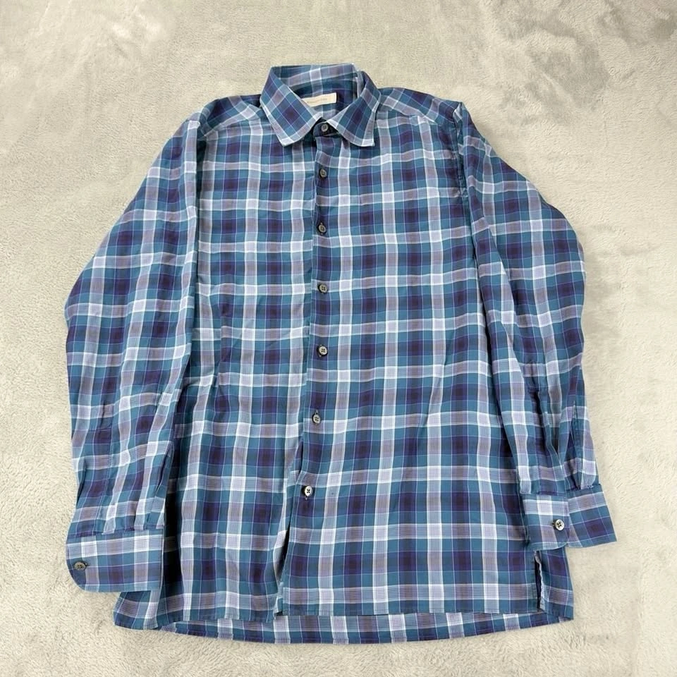 Ermenegildo Zegna Men's Medium Blue Plaid Cotton Button Down