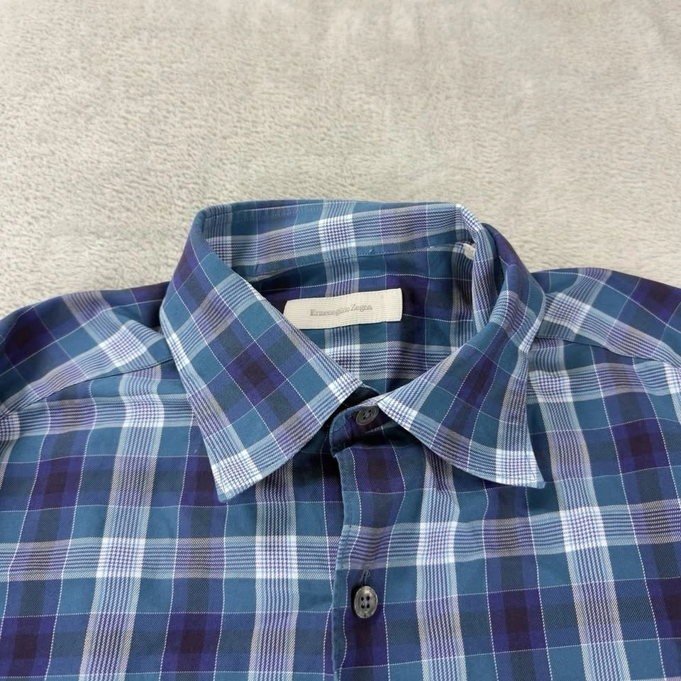 Ermenegildo Zegna Men's Medium Blue Plaid Cotton Button Down - photo 3