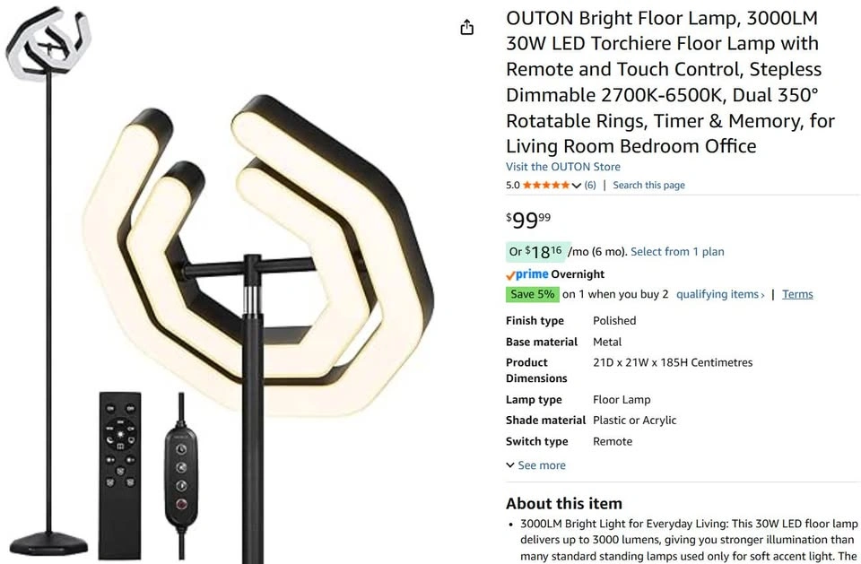 3000LM LED Torchiere Floor Lamp – Dimmable, 2700K-6500K, Remote - photo 2