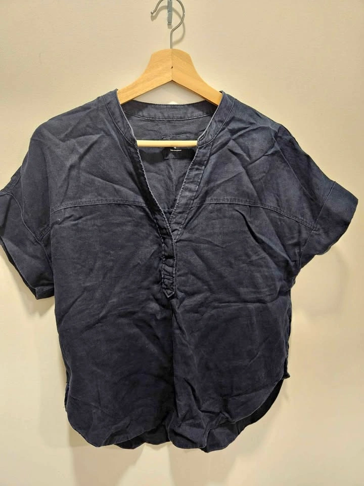 Marks & Spencer Pure Linen Navy Blue Short Sleeve Top Size 10