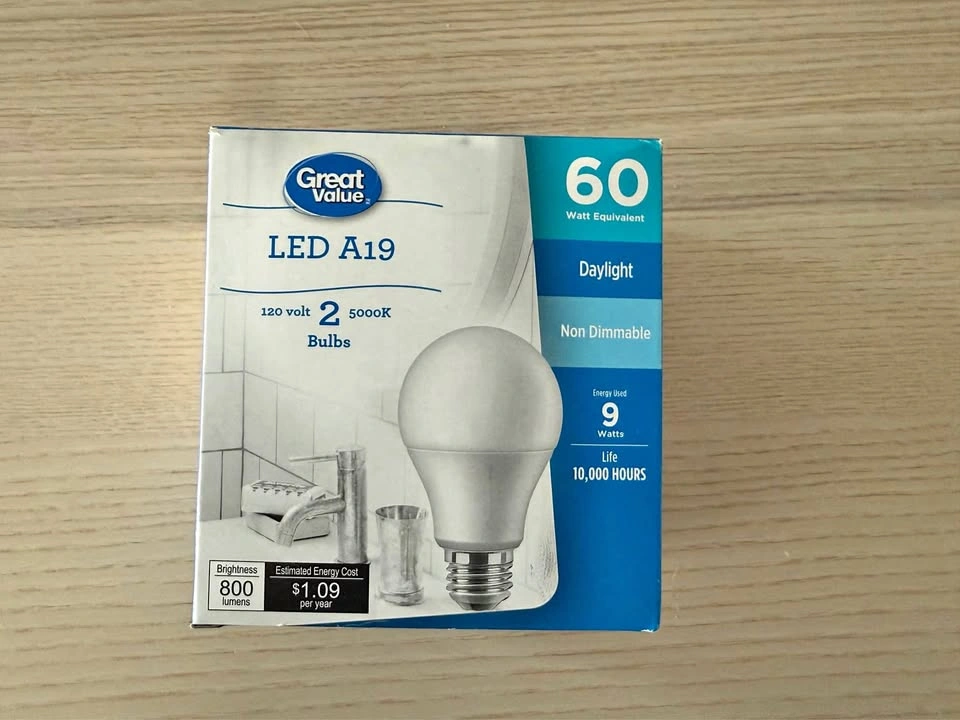 Great Value 60W A19 Daylight LED bulbs 2-pack